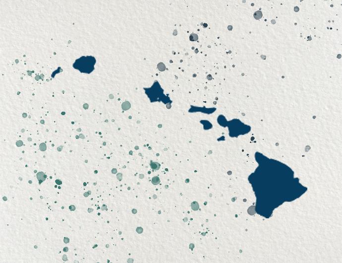 Icon of Hawaii over an off-white background with green and blue spatter