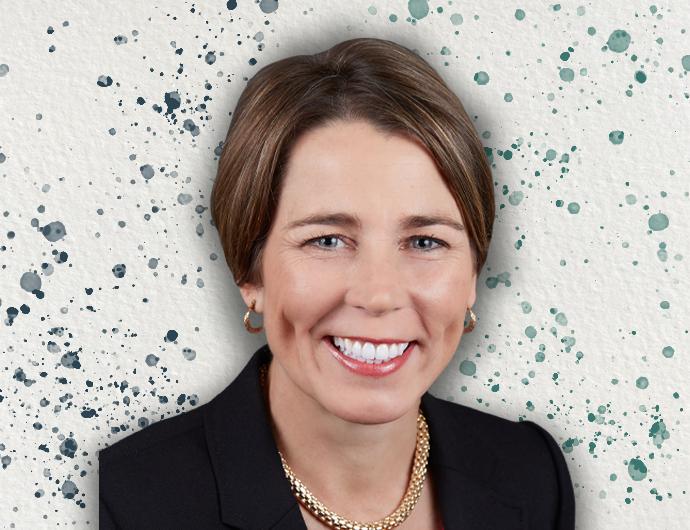 Headshot of AG Maura Healey in a black suit, overtop an off-white background with blue and green spatter