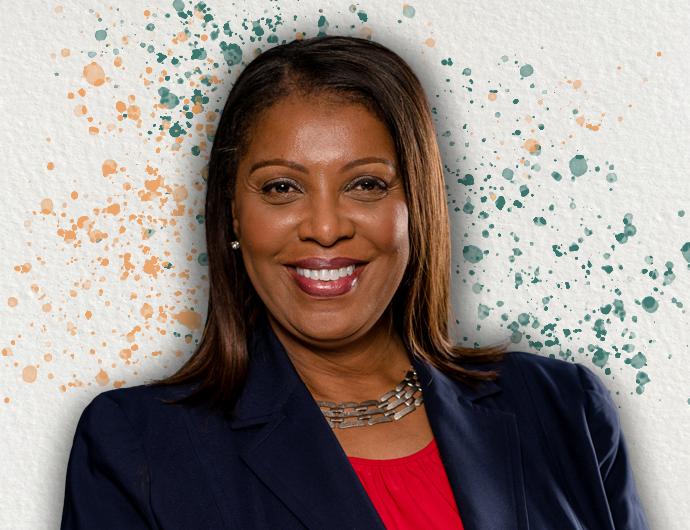 Headshot of AG Tish James in a navy suit with red blouse, overtop an off-white background with orange and green spatter
